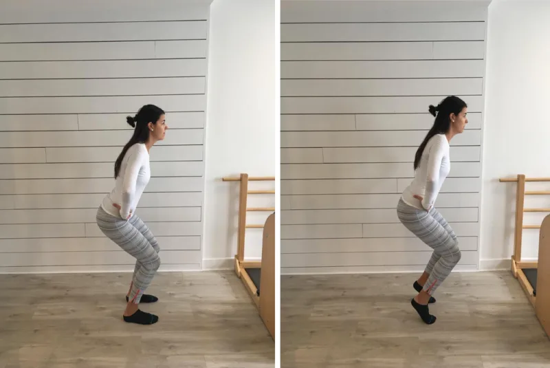 Exercise safely osteoporosis - A female demonstrating exercise moves in a studio. Standing on the left facing right.