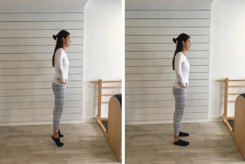 Exercise safely osteoporosis - A female demonstrating exercise moves in a studio. Standing on the left facing right.