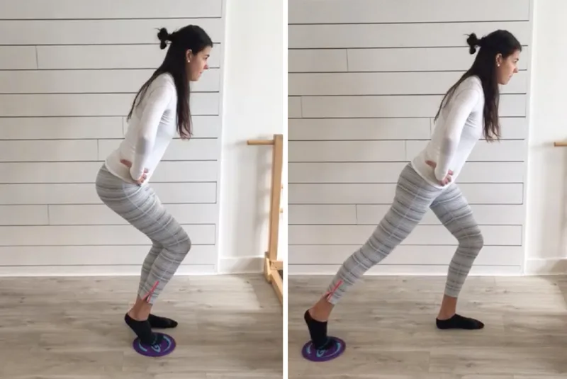 Exercise safely osteoporosis - A female demonstrating exercise moves in a studio. Standing on the left facing right.