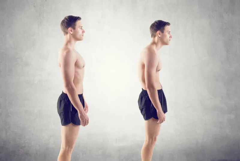 Tight hamstrings - A split shot (vertically) of the same man wearing only a pair shorts standing side on to the camera displaying two different postures