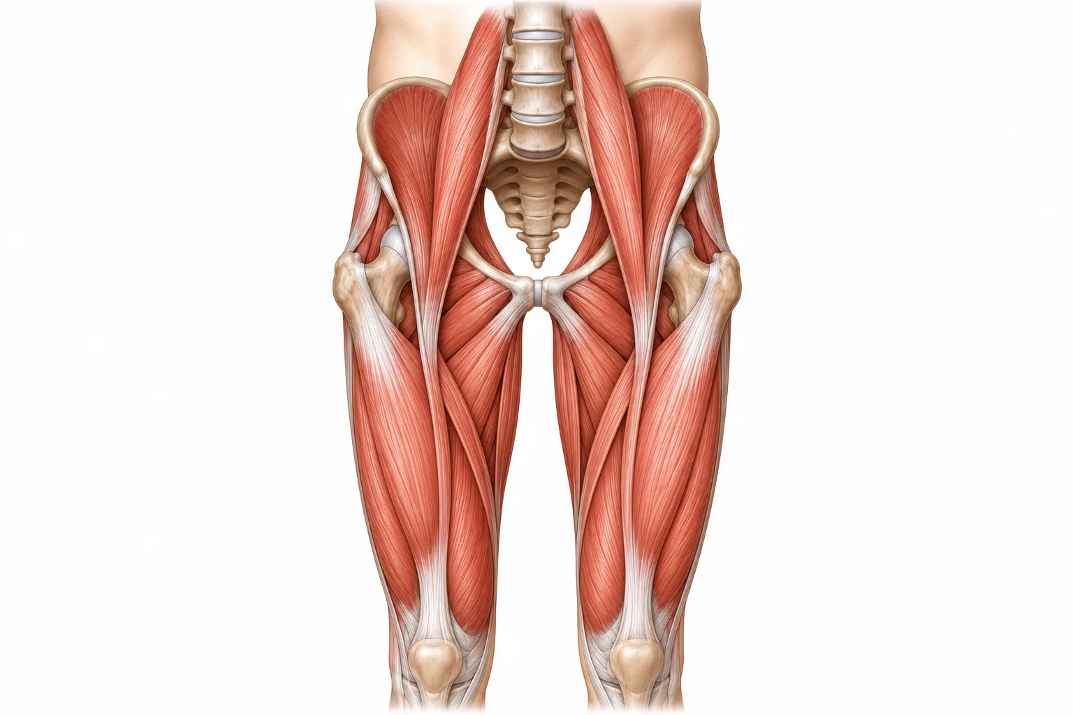 Anterior view of the hip flexor muscles of the hips and lower limbs