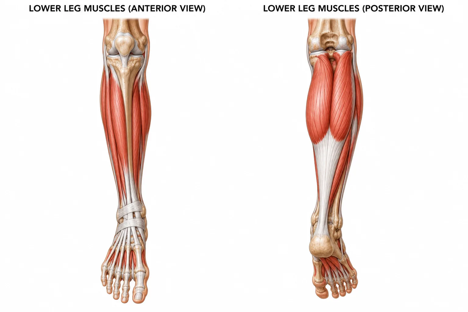 Anterior and posterior view of the anatomy of the lower leg 